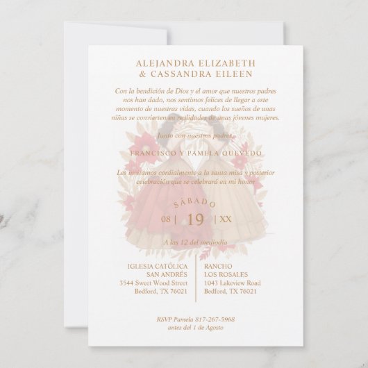 Graceful Romantic Spanish Quinceañera Twins  招待状 (裏面)