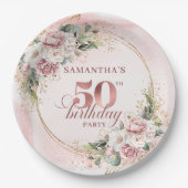 Graceful Rose Gold Eucalyptus 50th Birthday Floral ペーパープレート (正面)