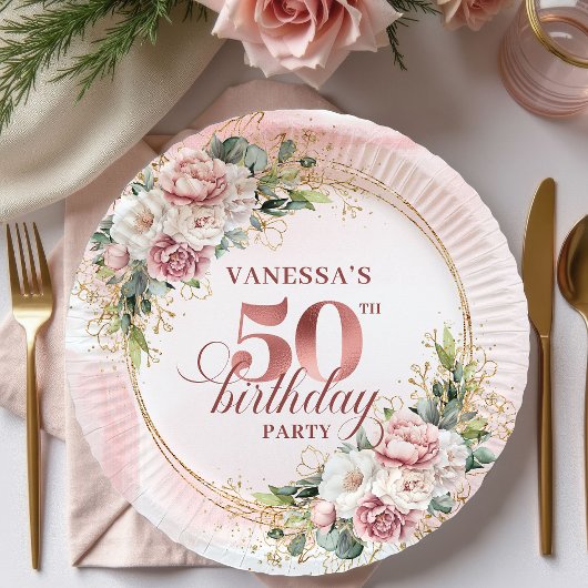 Graceful Rose Gold Eucalyptus 50th Birthday Floral ペーパープレート
