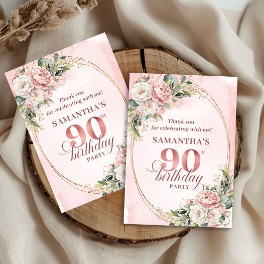 Graceful Rose Gold Eucalyptus 90th Birthday Thanks サンキューカード