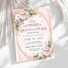 Graceful Rose Gold Floral Greenery Quinceanera  招待状