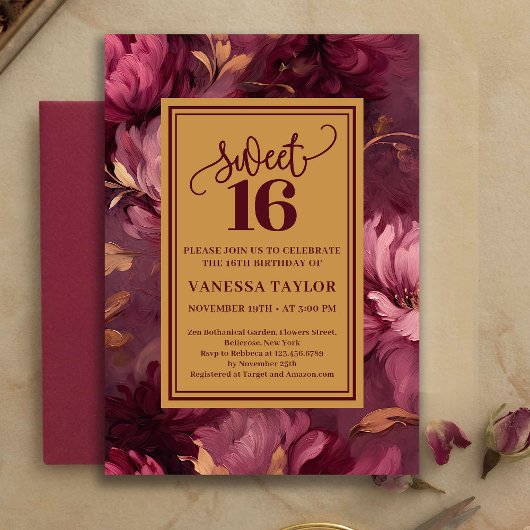 Graceful Sweet 16 Merlot Blush Gold Invitation 招待状