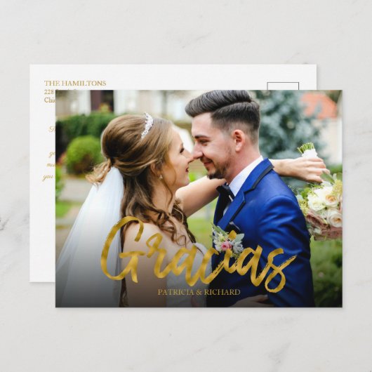 Graciasゴールドフォイル結婚スクリプトの感謝の写真 ポストカード (正面/裏面)