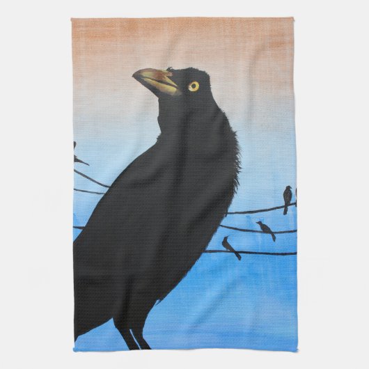 Grackleオースティンテキサス州の鳥の自然の野性生物の絵画 キッチンタオル (縦)