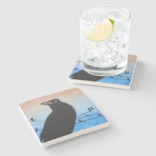 Grackleオースティンテキサス州の鳥の自然の野性生物の絵画 ストーンコースター (横)