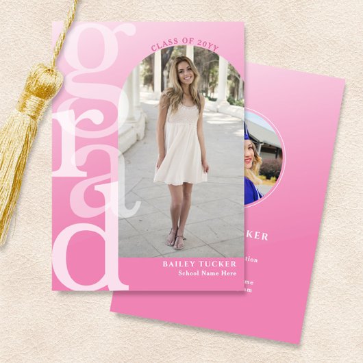 GRADアーチフォトピンクグラデーションの卒業発表 サンキューカード