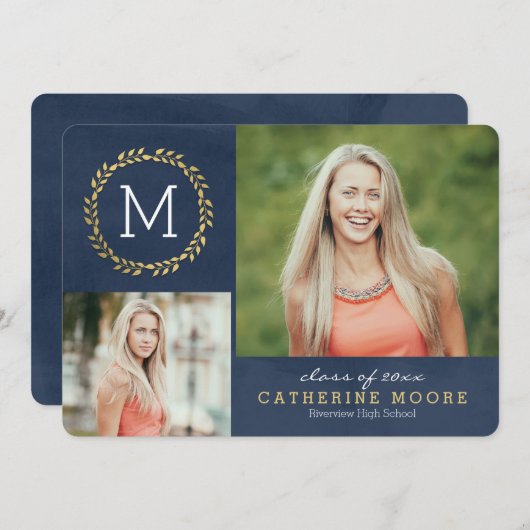 Gradイニシャル編集可能カラー卒業カード 招待状 (正面/裏面)