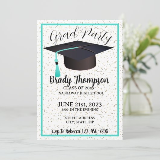 GRADパーティーターコイズブルーカラー – 2枚の写真 招待状 (スタンド正面)