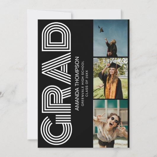 Gradフォトコラージブラック金ゴールド卒業 招待状 (正面)
