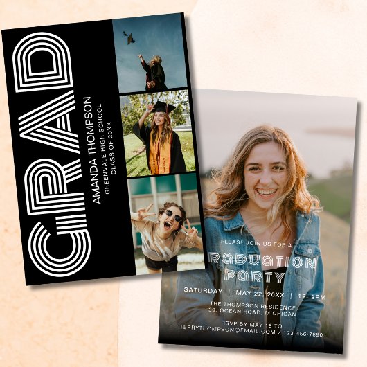 Gradフォトコラージブラック金ゴールド卒業 招待状