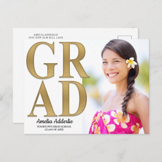 Grad写真アナウンスメント招待状ホワイト金ゴールド インビテーションポストカード (正面/裏面)