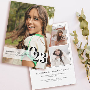 Grad モダン Year写真白番アナウンスメントカード 案内状