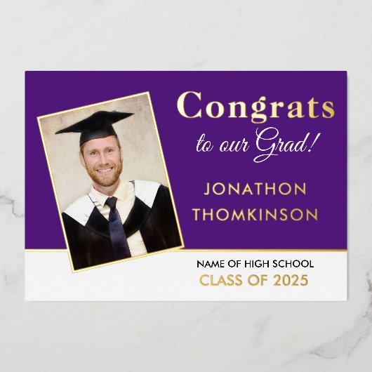 Grad 2025発表ゴールドフォイルフォトパープル 箔招待状 (正面)