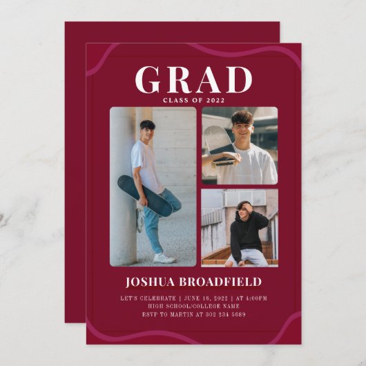 Grad 3写真ブルゴーニモダンー卒業パーティー 招待状 (正面/裏面)