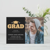 GRAD Cap年大学院ブラック金ゴールド写真卒業 案内状 (スタンド正面)