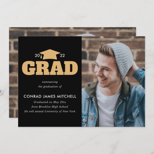 GRAD Cap年大学院ブラック金ゴールド写真卒業 案内状 (正面/裏面)