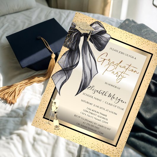 Grad Cap,Black Bow Glass,Confetti Your Photo 招待状
