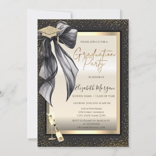 Grad Cap,Black Bow Wine Glass,Confetti  招待状 (正面)