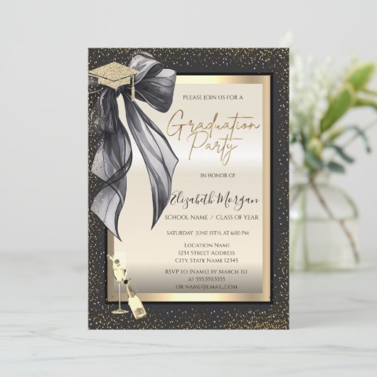 Grad Cap,Black Bow Wine Glass,Confetti  招待状 (スタンド正面)