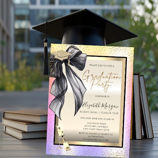 Grad Cap,Black Bow Wine Glass,Confetti Ombre 招待状