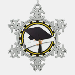 Grad Cap & Diplomaとスクールカラーブラックと金ゴールド スノーフレークピューターオーナメント