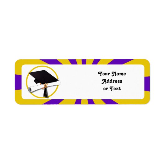 Grad Cap & Diploma – 紫と金ゴールドの学校の色 ラベル (正面)