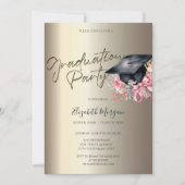 Grad Cap Flowers Bow Your Photo Gold Graduation 招待状 (正面)