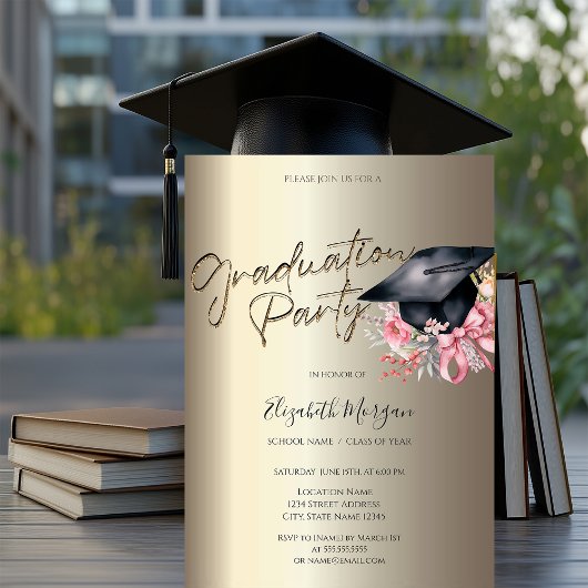 Grad Cap Flowers Bow Your Photo Gold Graduation 招待状