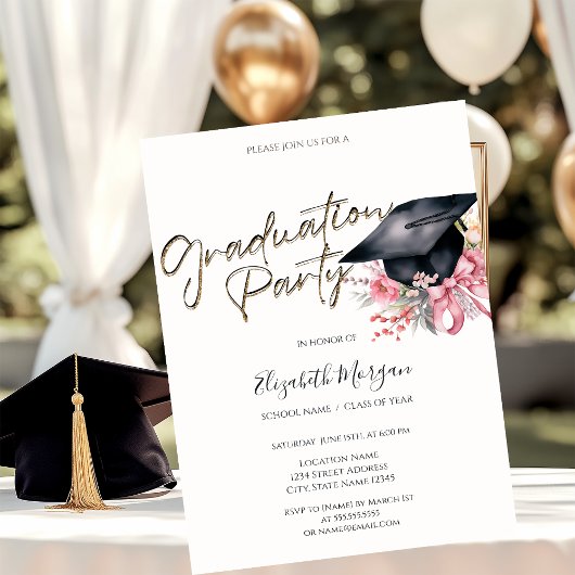 Grad Cap Flowers Bow Your Photo Graduation 招待状