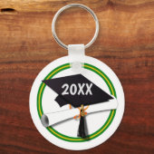 Grad Cap School Colors Gold and Green キーホルダー (正面)