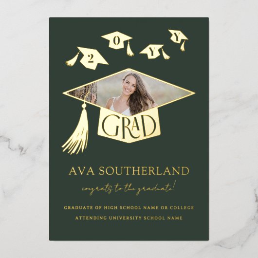 Grad Cap Tessel写真卒業フォイル発表 箔招待状 (正面)