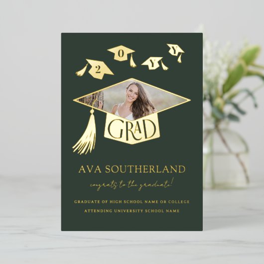 Grad Cap Tessel写真卒業フォイル発表 箔招待状 (立ち正面)