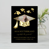 Grad Cap Tessel写真卒業フォイル発表 箔招待状 (立ち正面)