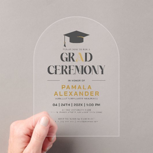 Grad Ceremony Gold and Gray Retro Typography アクリル招待状 (インサイチュ (ポータブル))