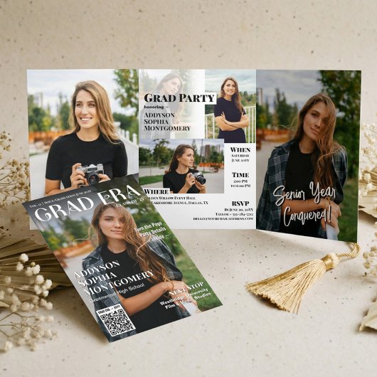 Grad Era Trendy Graduation Magazine Photo Collage 三つ折り招待状