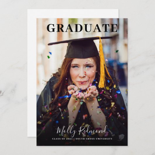Grad In CapおよびGown写真の卒業発表 招待状 (正面/裏面)