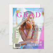 Grad Magazineネオンピンク写真卒業 案内ポストカード (正面/裏面)