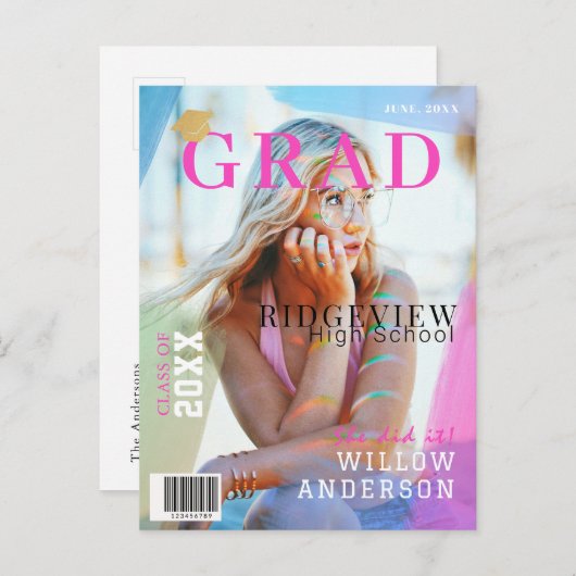 Grad Magazineネオンピンク写真卒業 案内ポストカード (正面/裏面)