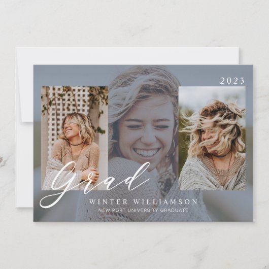 Grad Script モダン Blue Overlay Grad Three Photo I 招待状 (正面)