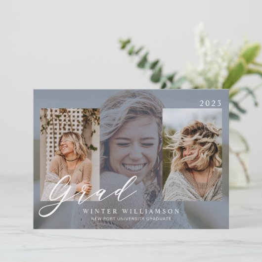 Grad Script モダン Blue Overlay Grad Three Photo I 招待状 (スタンド正面)