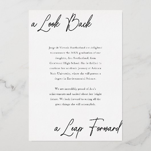 Grad Then & Now写真とハイライト発表 箔招待状 (裏面)