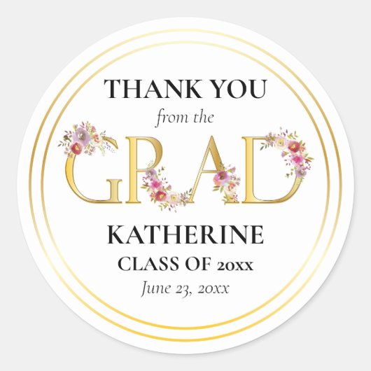Grad Waterカラーフローラ卒業ありがとう ラウンドシール (正面)