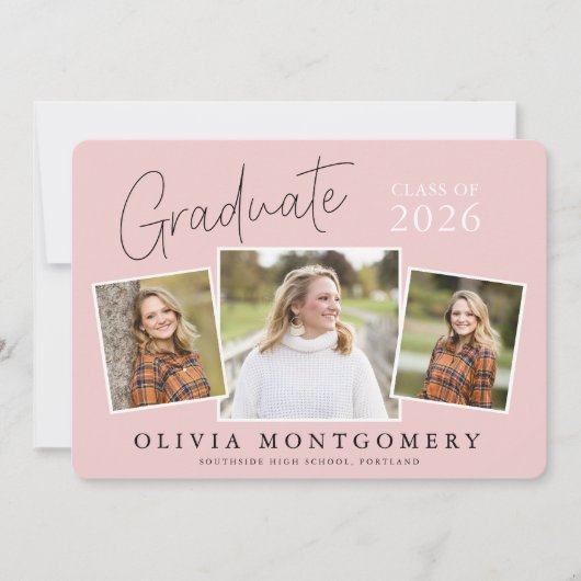 Graduate 3 Photo Modern Script Graduation Party 招待状 (正面)