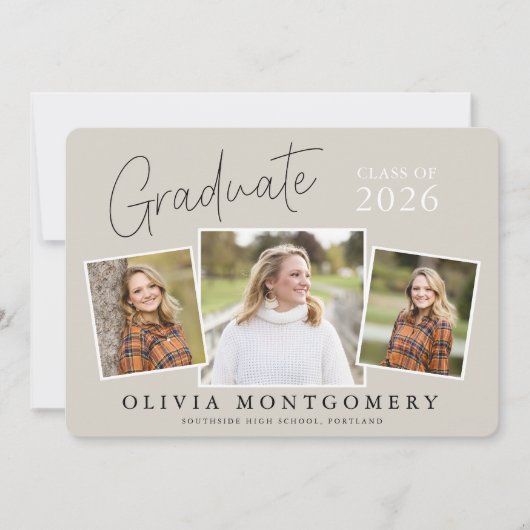 Graduate 3 Photo Modern Script Graduation Party 招待状 (正面)