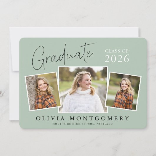 Graduate 3 Photo Modern Script Graduation Party 招待状 (正面)