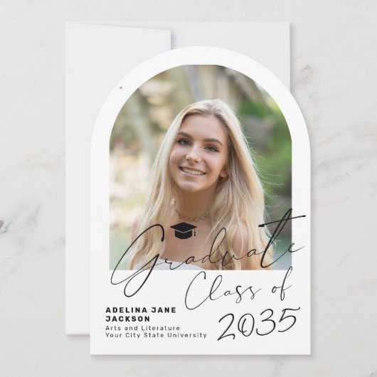 Graduate arch photo modern script graduation party 招待状 (正面)