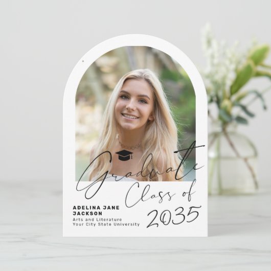 Graduate arch photo modern script graduation party 招待状 (スタンド正面)