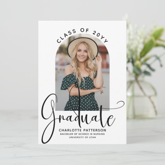 Graduate Elegant Script Graduation Arch Photo 招待状 (スタンド正面)