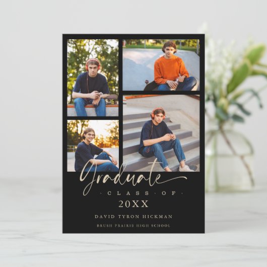 Graduate Modern Black Trendy Collage 4 Photos  招待状 (スタンド正面)