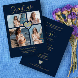 Graduate Navy Blue Trendy Heart Collage 4 Photos 招待状